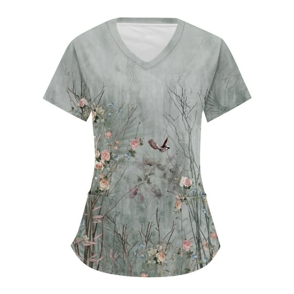 YDKZYMD Uniform Scrub Tops for Women Love Heart Character Workwear Petite Nurse Uniform Scrubs V Neck Graphic with Pockets Scrub Tops Short Sleeve Plus Size Jogger Scrub Shirt Gray S