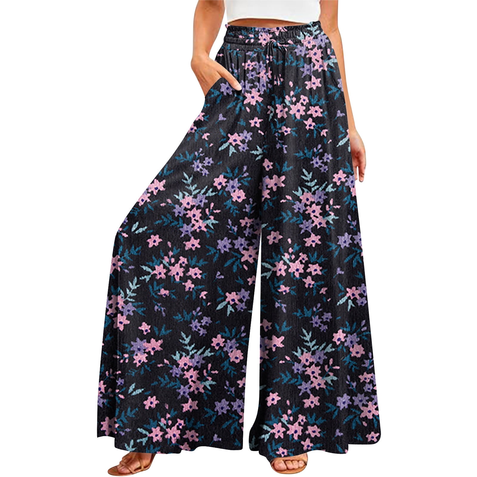 YDKZYMD Wide Leg Dress Pants for Women Petite Elastic Boho Drawstring ...