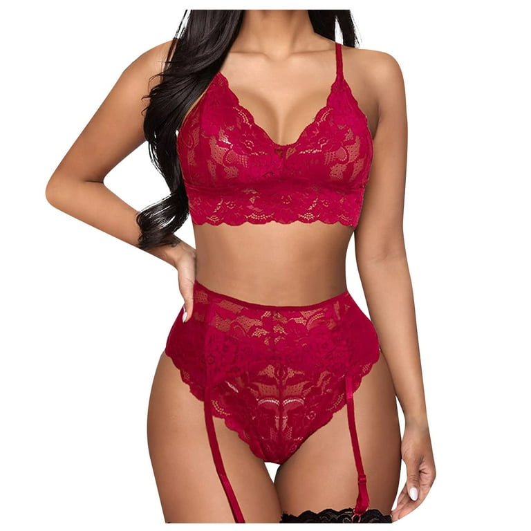 YDKZYMD Women'S Sexy Lingerie Bra And Panty Set 3 Pieces Lace Teddy Chemise  With Garter Belt Bodysuit Sheer Underwear Babydoll Sets