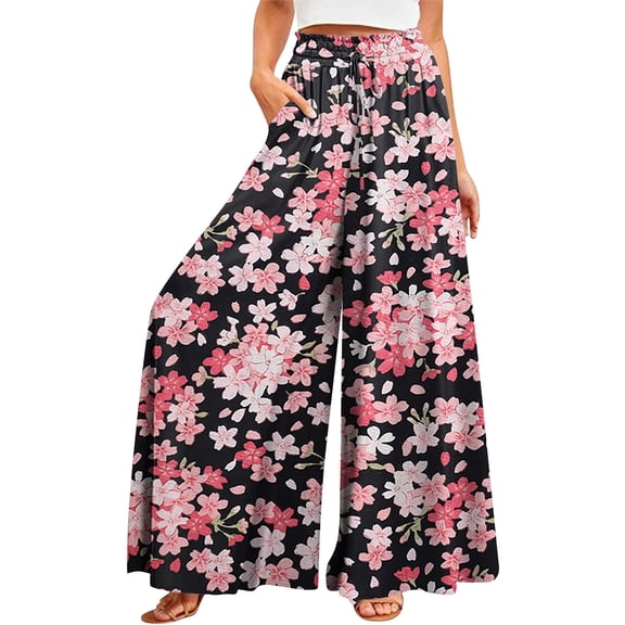 YDKZYMD Women Cargo Pants Wide Leg Palazzo Floral Ruffle Pants Elastic Boho Drawstring Casual Comfy Loose Summer Pants with Pocket Plus Size Petite Beach Trousers Pink 3XL