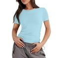thumbnail image 1 of YDKZYMD Women Crop Top Y2k Teen Girls Short Sleeve Tight Shirt Slim Fitted Layering Crew Neck Juniors Basic Tee Athletic Summer Cute Tops Light Blue S, 1 of 5