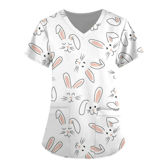YDKZYMD Women Easter Scrub Tops Party Rabbits Eggs Printed Short Sleeve Scrub Tops Family Party V Neck Bunny Shirts Casual Holiday Scrubs with Pockets White 3XL