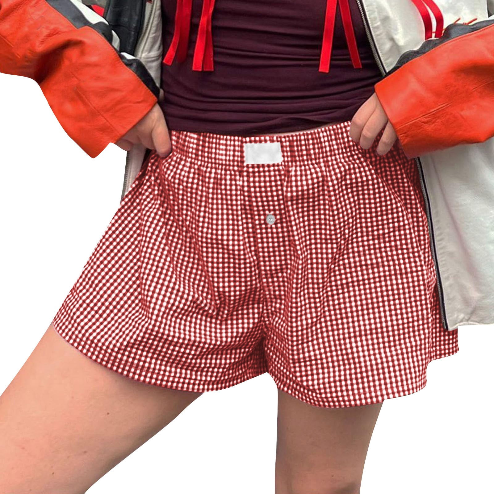 ボトムスその他 RIBBON STRING SHORTS GINGHAM RED YDKZYMD Women Gingham Boxer Shorts Y2k Cute Stripes Plaid