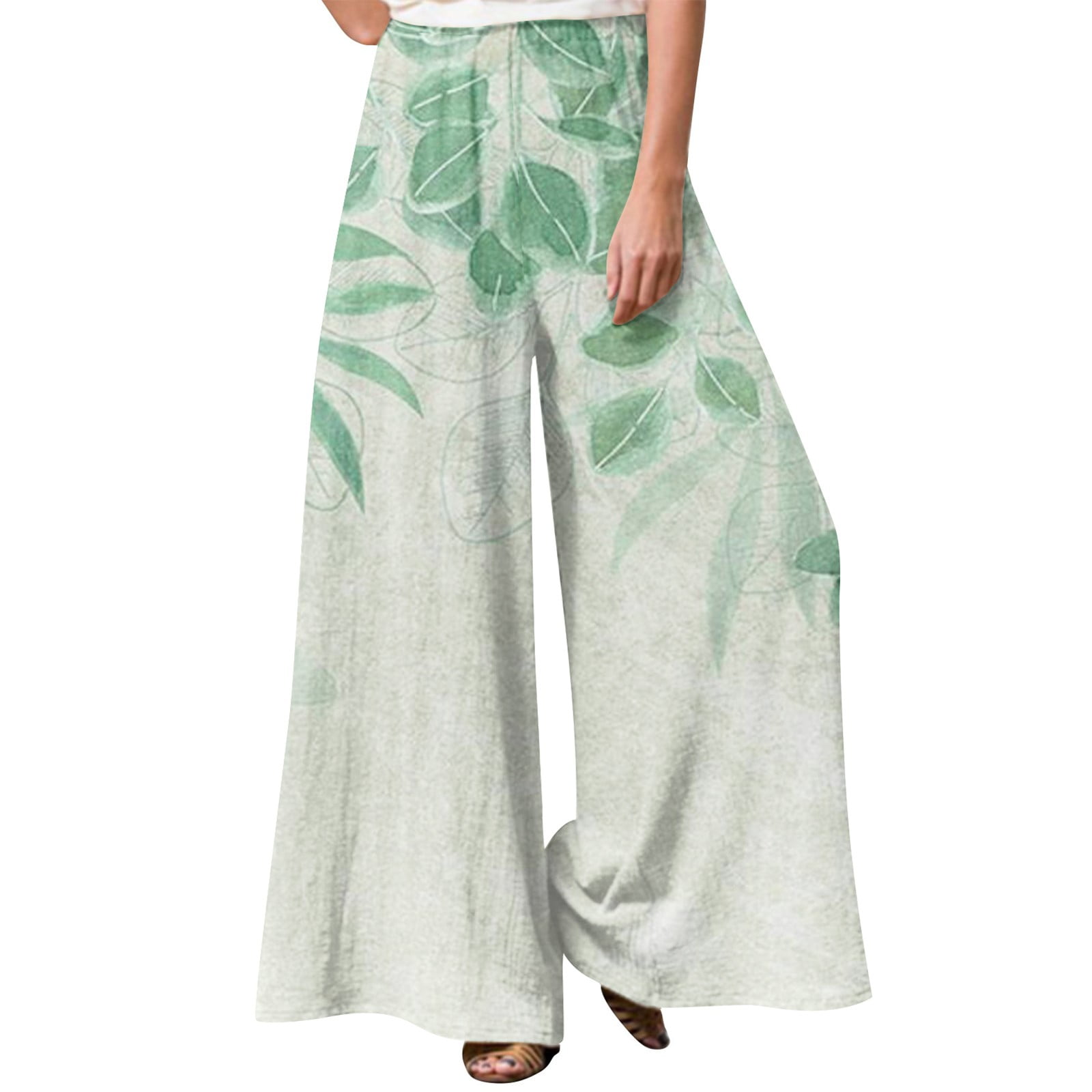 YDKZYMD Women Leather Pants Wide Leg Ruffle Elastic Boho Palazzo