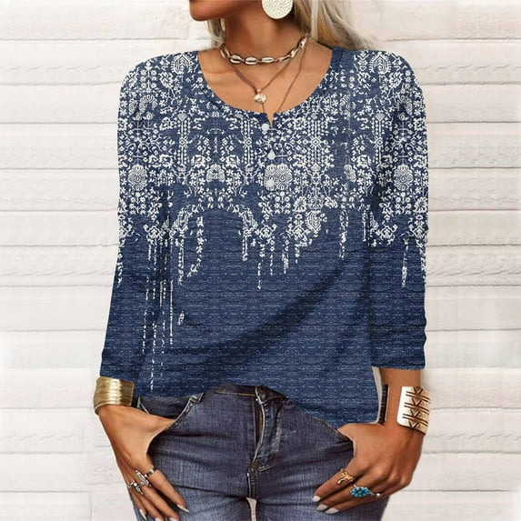 YDKZYMD Women's Black V Neck Clothes Cute Printed T Shirts Plus Size 3/4 Sleeve Blouses Graphic Casual Sexy Tops for Women Dark Blue S