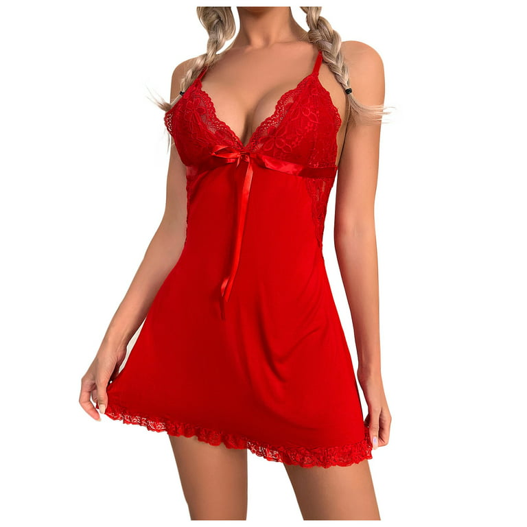 YDKZYMD Women's Lingerie Camisoles & Tanks Sexy Lace Women's See Through  Babydoll Chemise V Neck Nightshirt for Women Red 2XL 