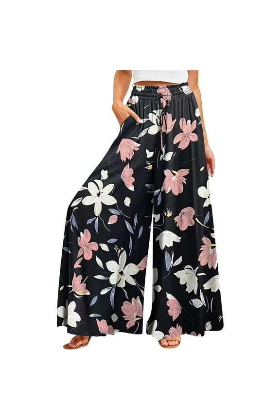 Women's Lounge Pants Wide Leg Ruffle Elastic Boho Drawstring Pants Palazzo Floral Plus Size with Pocket Petite Loose Trousers Summer Beach Casual Comfy Pants Black 2XL