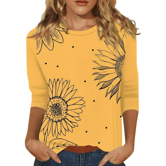 YDKZYMD Women's T-Shirts 3/4 Sleeve Casual Elbow Length Loose Fit Shirts Solid Color Sunflowers Printed Plus Size Blouses 2024 Trendy Crewneck Fashion Tee Tops Orange M