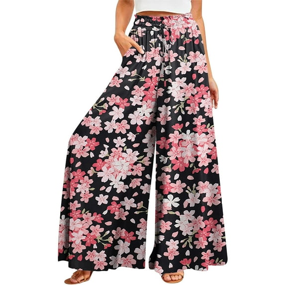 YDKZYMD Women's Yoga Pants with Wide Legs Palazzo Drawstring Ruffle Pants Floral Elastic Boho Comfy Summer Petite with Pocket Pants Loose Plus Size Casual Beach Trousers Pink 4XL