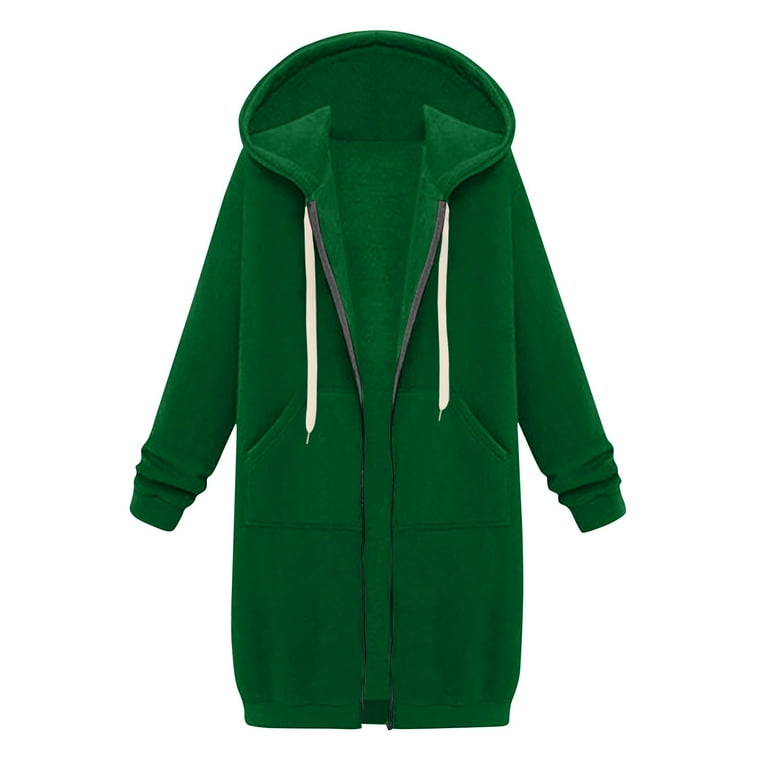 YDKZYMD Women s Zip Up Knee Length Hoodie Casual Fleece Tunic Sweatshirt with Pockets Fall Fashion Jacket with Pockets Green M