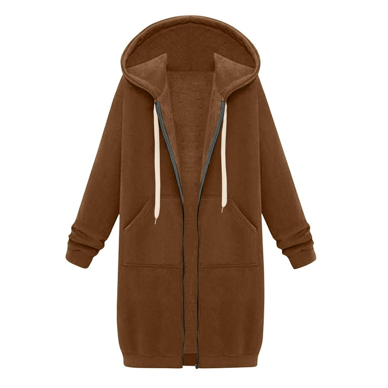 YDKZYMD Women s Zip Up Knee Length Hoodie Fleece Oversized Long Sleeve Tunic Sweatshirts Y2K Comfy Fall Fashion Jacket Pockets Coffee M Walmart