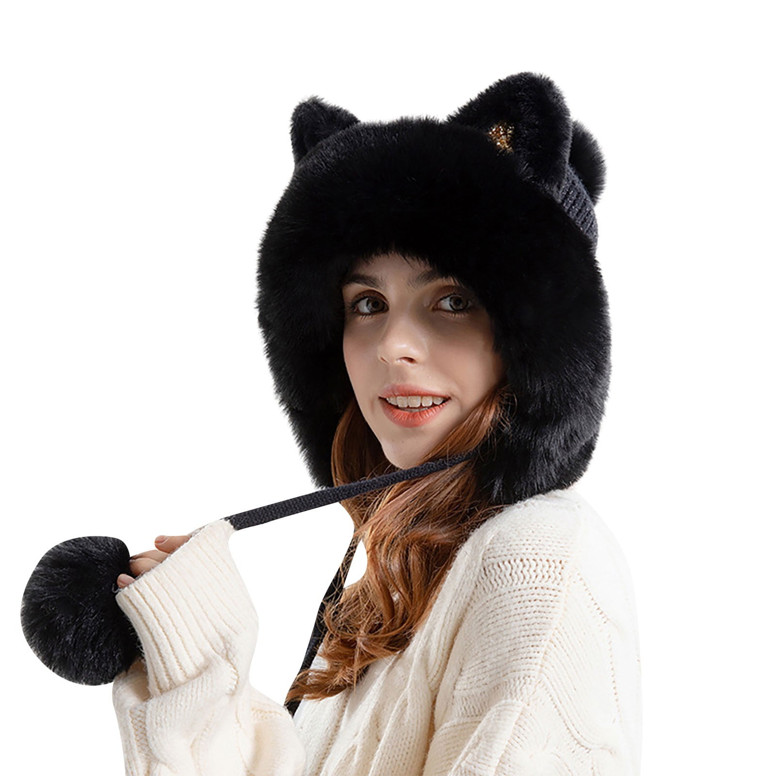 Fox Ears Beanie Hat - Handmade Knitted Pom Pom Hat With Cat Ears, Grey, Adult Size (20-24in) - View #2