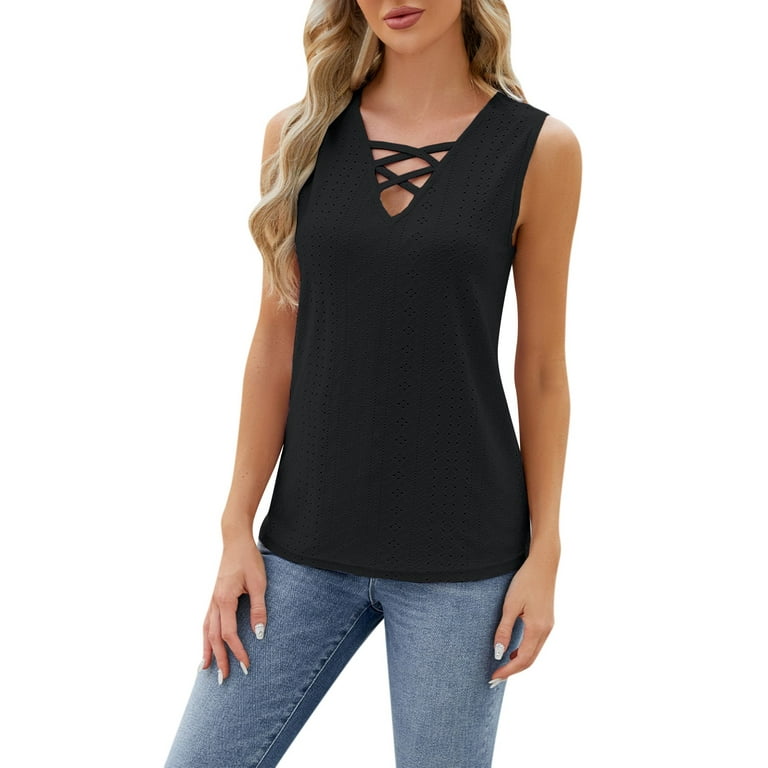 YDKZYMD Womens Camisole Tank Tops Croiss Cross Keyhole collar Eyelet  Embroidery Jacquard T-Shirts V Neck Dressy 2024 Trendy Camisole Summer  Casual Flowy Blouses Black XL 