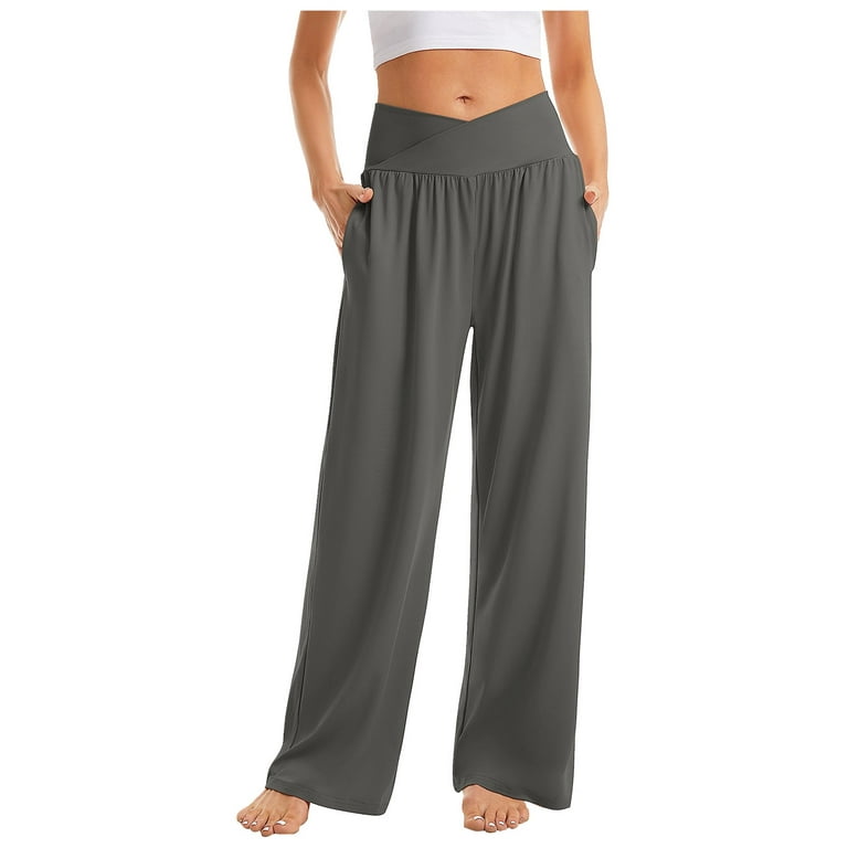 YDKZYMD Womens Cargo Pants with Pockets High Waisted Wide Legs Crossover  Yoga Palazzo Trousers Flowy Workout Casual Relaxed Flowy Pants with Pockets