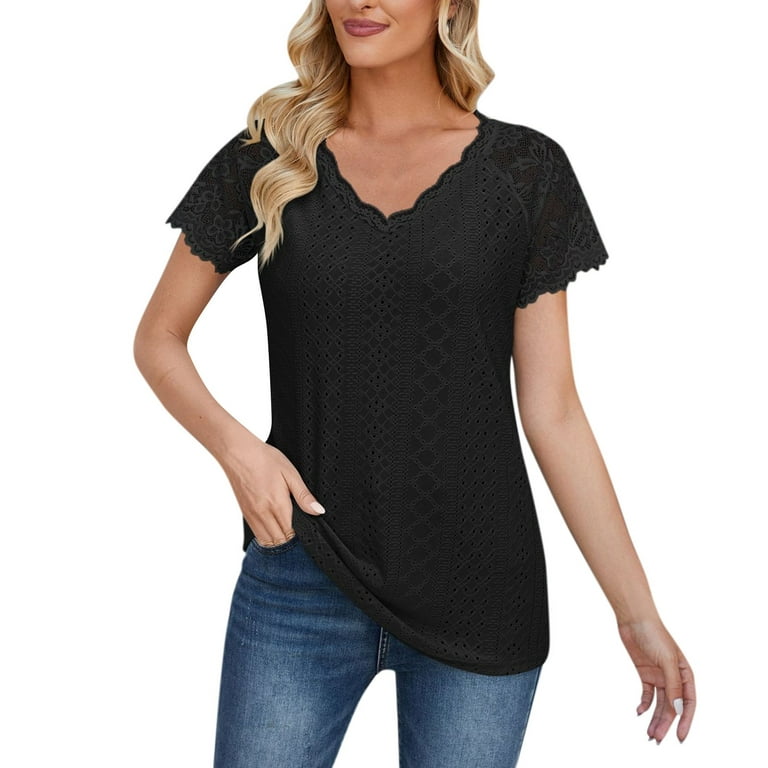 YDKZYMD Womens Compression Shirt Short Sleeve Eyelet Embroidery Lace Raglan  Sleeve jacquard Tunics Lace Trim V Neck Casual Tee Tops Dressy Summer  Trendy Blouses Black S 