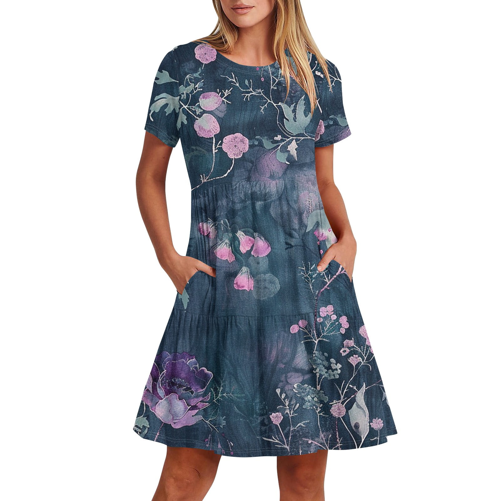 YDKZYMD Womens Dresses Summer Floral Short Sleeve Vintage Crew Neck