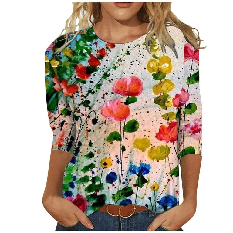 YDKZYMD Womens Elbow Sleeve Crew Neck Womens Business Casual Tops Elegant  Flower Graphic Business Casual Tops for Women Oversized Beach Shirts for