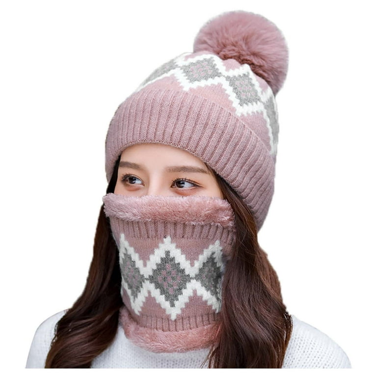 YDKZYMD Womens Neck Gaiter Geometric Cozy Scarf Outdoor Scarf and Beanie  Hat Set Hiking Set Winter Cable Knitted Round Scarves Fleece Faux Fur  Pompom for Women Fashion Dressy Neck Gaiter Pink 