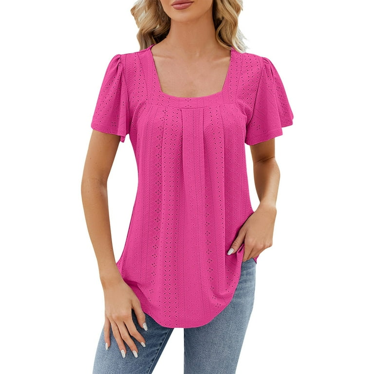 YDKZYMD Womens Oversized Tee Shirts Short Sleeve Ruffle Square Neck Pleated  Tee Tops Jacquard Eyelet Embroidery 2024 Tunics Summer Casual Dressy  Blouses Hot Pink 2XL 