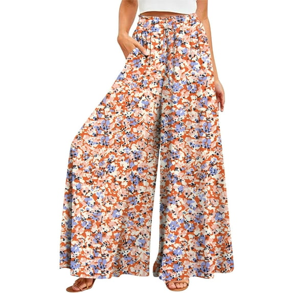 YDKZYMD Womens Plus Size Pants Wide Leg Palazzo Ruffle Elastic Boho Pants Drawstring Floral Petite Casual Beach Plus Size Trousers Comfy Summer with Pocket Loose Pants Red 4XL