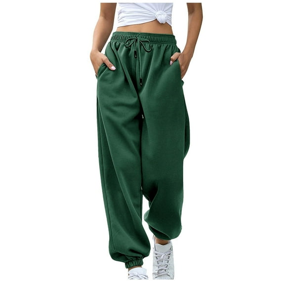 YDKZYMD Womens Plus Size Sweatpants Dark Green Solid Color Elastic Waist Baggy Pants with Pockets Drawstring Tie Dye Jogger Sweatpants Women Short Length Lounge Petite Casual Cinch Bottom Jogger Pants