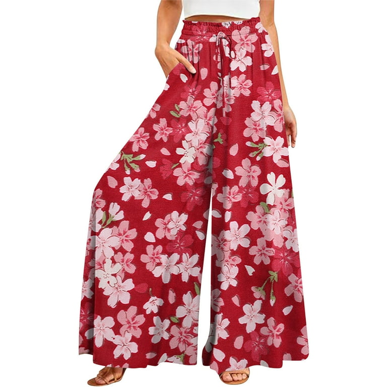 YDKZYMD Womens Pull on Pants Wide Leg Elastic Boho Ruffle Floral