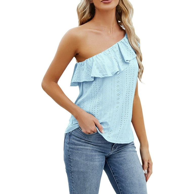 YDKZYMD Womens Ribbed Tank Top Jacquard One Shoulder Pleated Trim Ruffle  Blouses Eyelet Embroidery Summer Casual Camisole Dressy 2024 Trendy Flowy