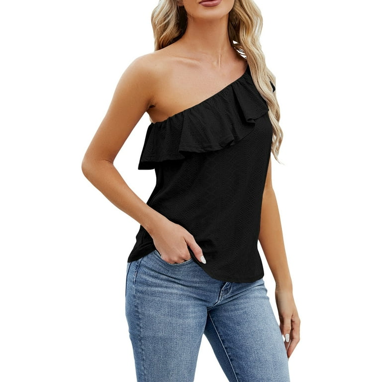 YDKZYMD Womens Ribbed Tank Top Jacquard Pleated Trim Ruffle One Shoulder  Blouses Eyelet Embroidery Flowy Casual Camisole 2024 Trendy Summer Dressy