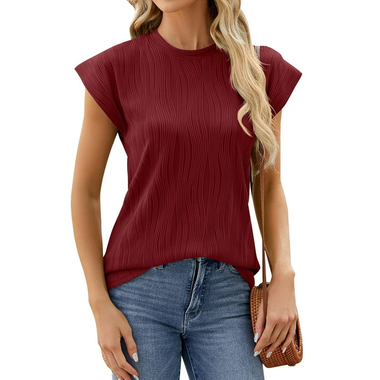 YDKZYMD Womens Tops Short Sleeve Plus Size Textured Casual Summer Tee Tops  2024 Trendy Basic Knit Blouses Crew Neck Loose Fit Solid Color T-Shirt Red