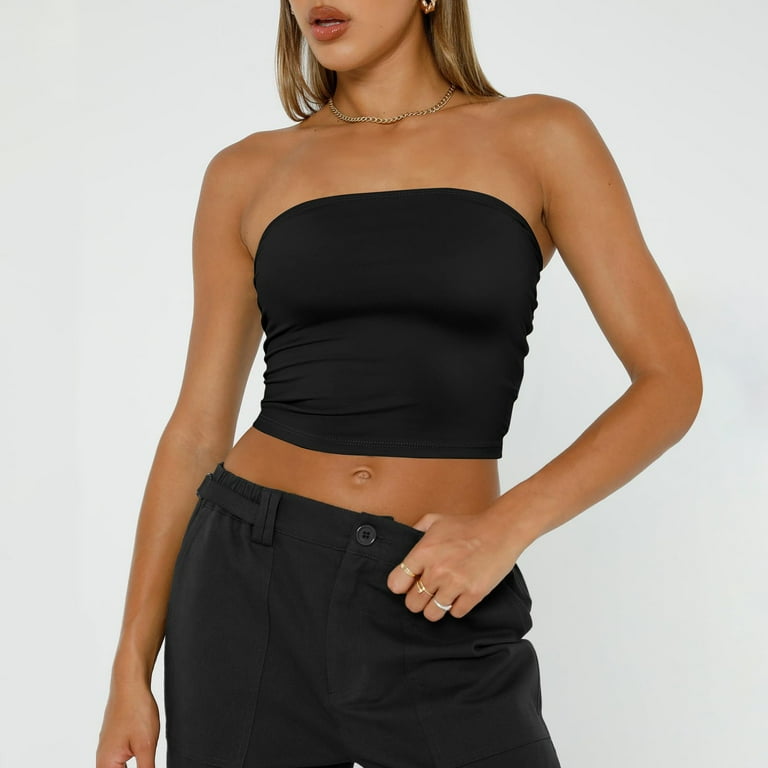 Ydkzymd Womens Tube Tops Crop Tops Y2K Going Out Strapless Basic Backless Bandeau Bra Summer Outfits 2024 Black L Women s Size Large