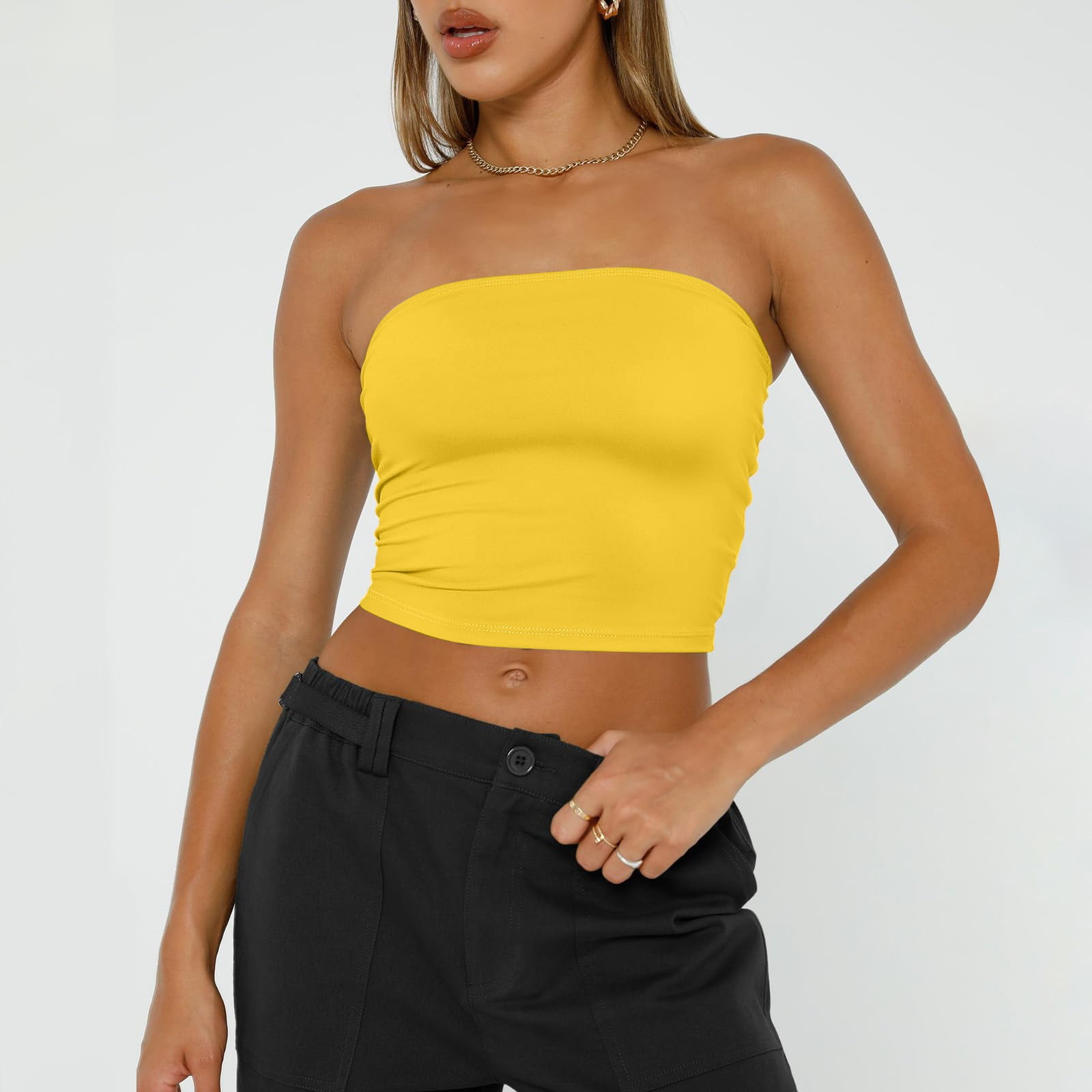 Zanvylia Women's Tube Tops - Strapless Bandeau With Drawstring & Ruched Side, Y2K Going Out Top - View #10