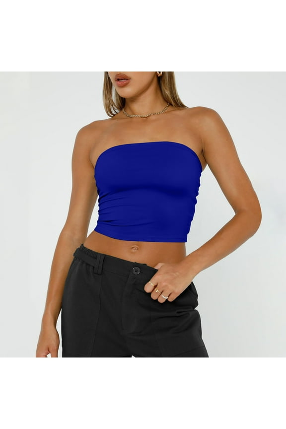 Womens Pleated Tube Tops Strapless Bandeau Basic Sleeveless Cute Y2k Crop Tops Backless Slim Fitted Smocked Going Out Junior Solid Tops Stretch Layering Summer Teen Girls Skinny Tops Blue XS