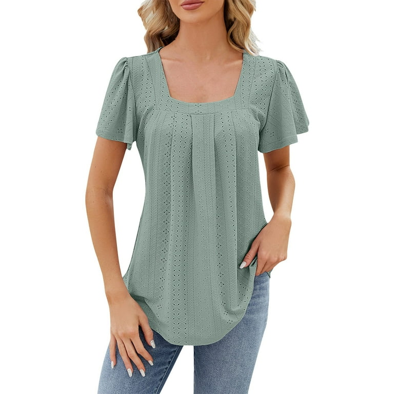YDKZYMD Womens Undershirts With Short Sleeves Ruffle Pleated Eyelet  Embroidery Blouses Jacquard Square Neck Trendy Tunics Dressy Casual Summer  Tee