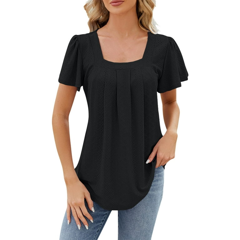 YDKZYMD Womens Western Shirts Short Sleeve Pleated Eyelet Embroidery Square  Neck Blouses Ruffle Jacquard Casual Tunics 2024 Summer Trendy Tee Tops  Black S 