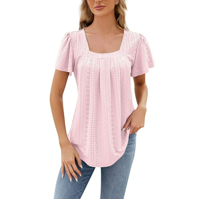 YDKZYMD Womens Workout Shirts Short Sleeve Decorative Square Neck Jacquard  Ruffle Tee Tops Eyelet Embroidery Pleated 2024 Tunics Casual Summer Trendy  Blouses Pink L 