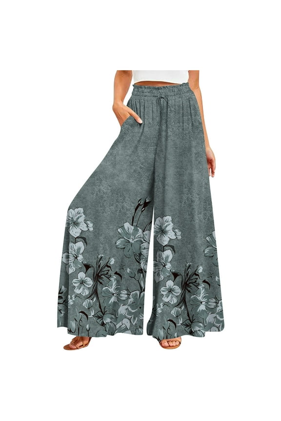 Wool Pants Women Wide Legs Elastic Boho Ruffle Drawstring Pants Floral Palazzo Beach Loose Petite with Pocket Trousers Summer Comfy Plus Size Casual Pants Gray 3XL