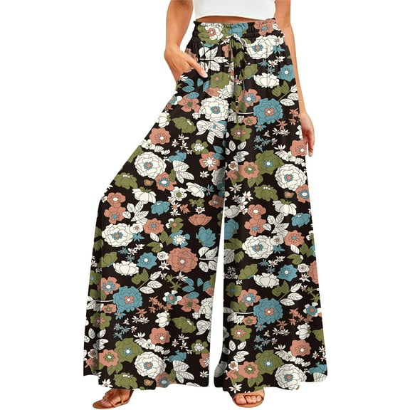YDKZYMD Wool Pants Women Wide Legs Elastic Boho Ruffle Drawstring Pants Floral Palazzo Beach Loose Petite with Pocket Trousers Summer Comfy Plus Size Casual Pants Dark Green XL
