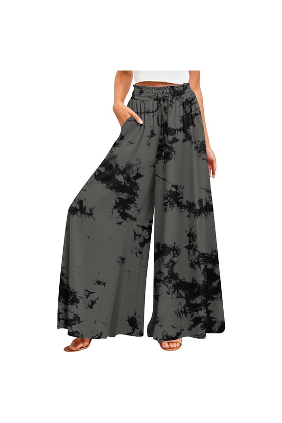 Wool Pants Women Wide Legs Elastic Boho Ruffle Drawstring Pants Floral Palazzo Beach Loose Petite with Pocket Trousers Summer Comfy Plus Size Casual Pants Dark Gray M