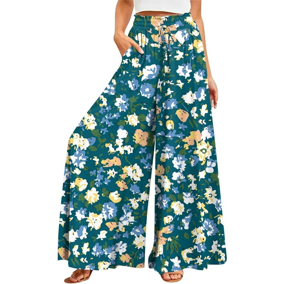 YDKZYMD Wool Pants Women Wide Legs Elastic Boho Ruffle Drawstring Pants Floral Palazzo Beach Loose Petite with Pocket Trousers Summer Comfy Plus Size Casual Pants Green XL