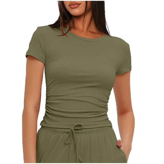 YDKZYMD Workout Crop Tops for Women Y2k Slim Fitted Teen Girls Tight Shirt Layering Crew Neck Short Sleeve Cute Basic Tee Juniors Athletic Summer Tops Army Green XL