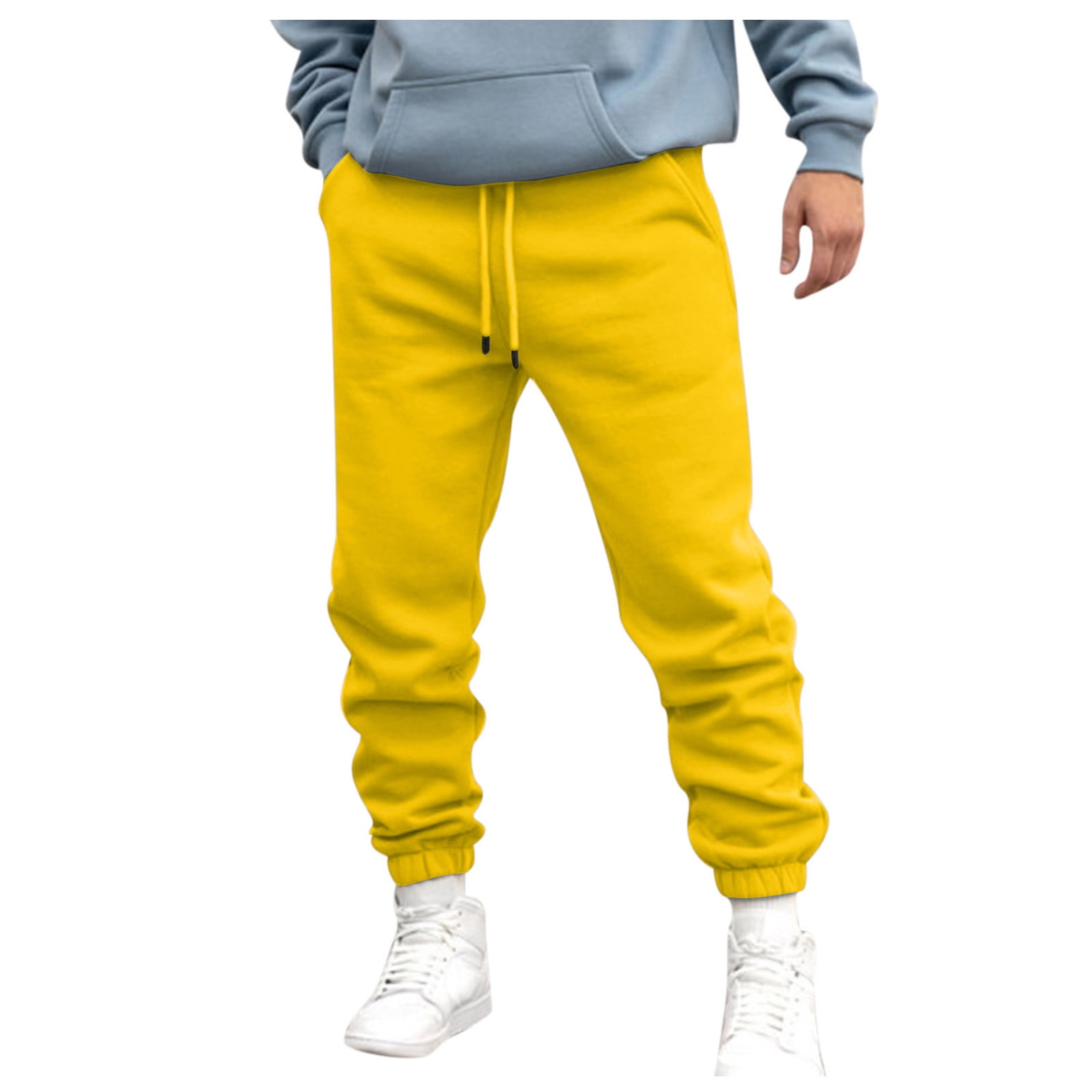 YDKZYMD Yellow Mens Fleece Sweatpants Cargo Warm with Multi Pockets