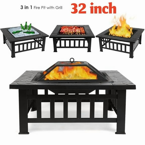 YDLW 32in Multipurpose Fire Pit, Outdoor Fire Pit Table for Net Lid/Poker, Square Bronze Firepit Stove for Outside Camping Backyard Bonfire