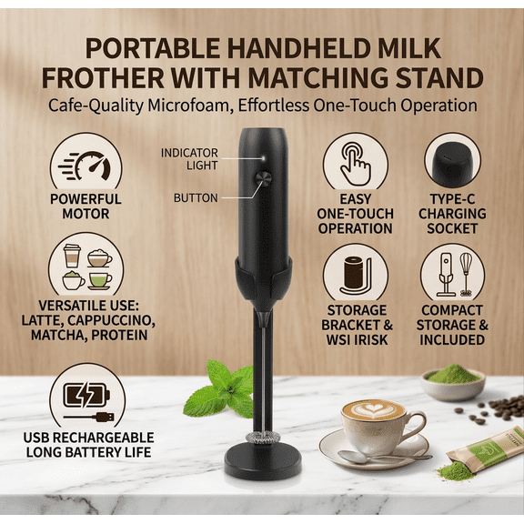 COTINSE Usb Rechargeable Handheld Milk Frother and Foam Maker with Stand for Coffee and Hot Chocolate, Black