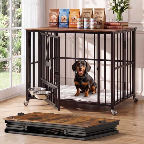 YDN 31.5” Foldable Dog Crate Furniture, Dog Kennel for S/M Dogs, M Fold Flat for Easy Storage, No Assembly Needed, Furniture-style Design with 360° Rotating Bowls for Small Dogs up to 35 lbs