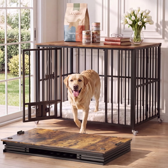 YDN 43" Foldable Dog Crate Furniture, Dog Kennel for Large Dogs, XL Spacious Furniture-style Kennel, Folds Flat for Storage, with Rotating Feeder, Sturdy Design for Large Dogs up to 80 lbs