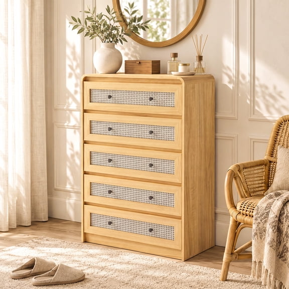 YDN 5 Drawer Rattan Dresser - 31" Boho Style Wood Dresser with 5 Drawers for Bedroom, Modern Chest of Drawers with Storage for Living Room,Hallway,Natural,Curved Design