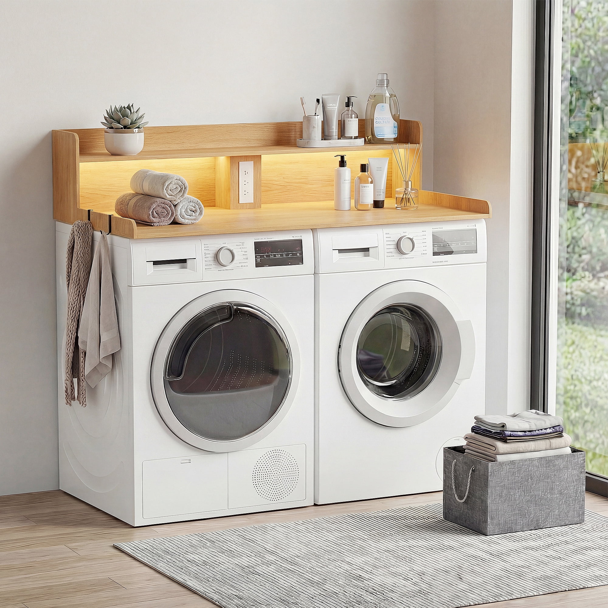 YDN 54" Large Laundry Countertop with Power Outlet & LED Lights, 2-Tier Washer Dryer Countertop for Laundry Room Organization,Washer and Dryer Topper W/ Storage Basket,Metal Hooks,Non-Slip Pad,Nature