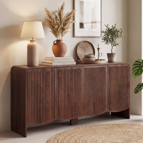 YDN 58" Fluted Buffet Cabinet with Storage Accent Sideboard,Modern Sideboards & Buffets with Rounded Edges, Wood Sideboard Buffet Cabinet W/Adjustable Shelves for Kitchen Living Room Entryway,Walnut