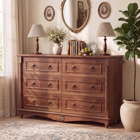YDN 6-Drawer Dresser with Solid Wood Carved Posts, 47" Wide Storage Chest Organizer for Bedroom, Closet and Living Room, Antique-Bronze Ring Pulls, Floral Metal Accent, Anti-Tip, Easy Assembly,Walnut