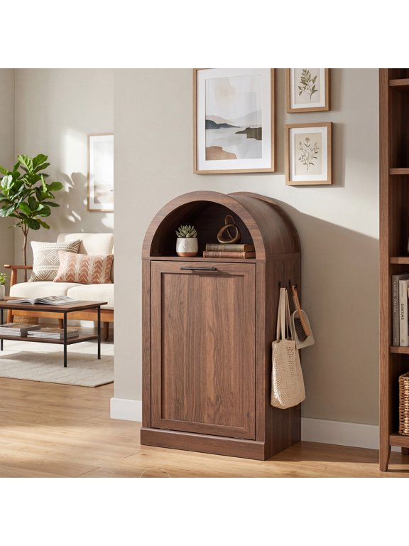 Arched Tilt Out Indoor Trash Cabinet - Hidden Garbage Can Cabinets for 10 Gal , Wooden Laundry Hamper W/ Metal Handle & Hooks, Trash Can Storage Organizer for Kitchen, Living Room,Walnut